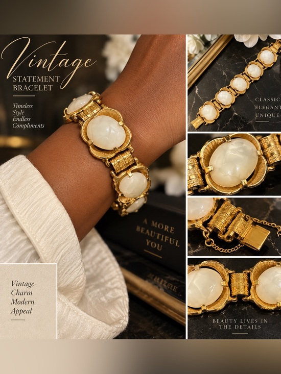 Vintage Unsigned Jewelry - Vintage Gold Tone Milky White Cabochon Statement Bracelet Ornate Chunky 8”